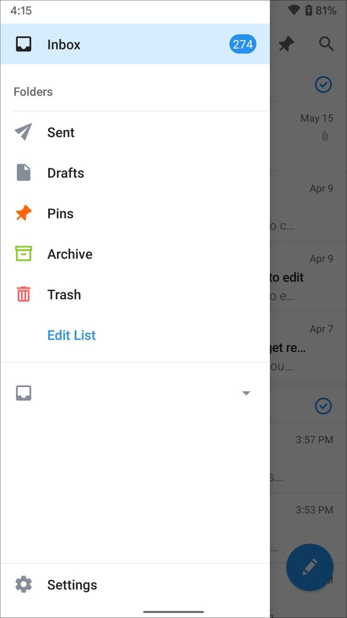 Spark Mail-Menü