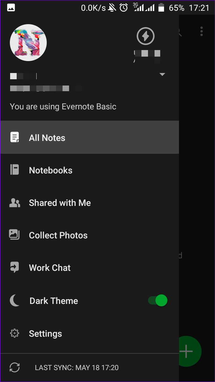 Evernote Note Taking App-Menü