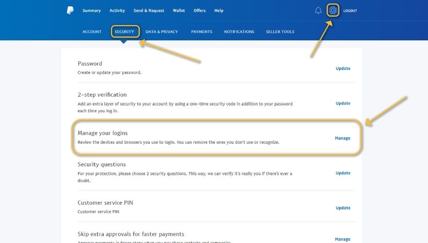 PayPal Anmeldeverwaltungsbildschirm
