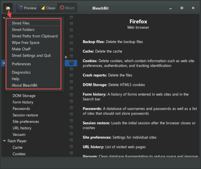 BleachBit Tools Menu