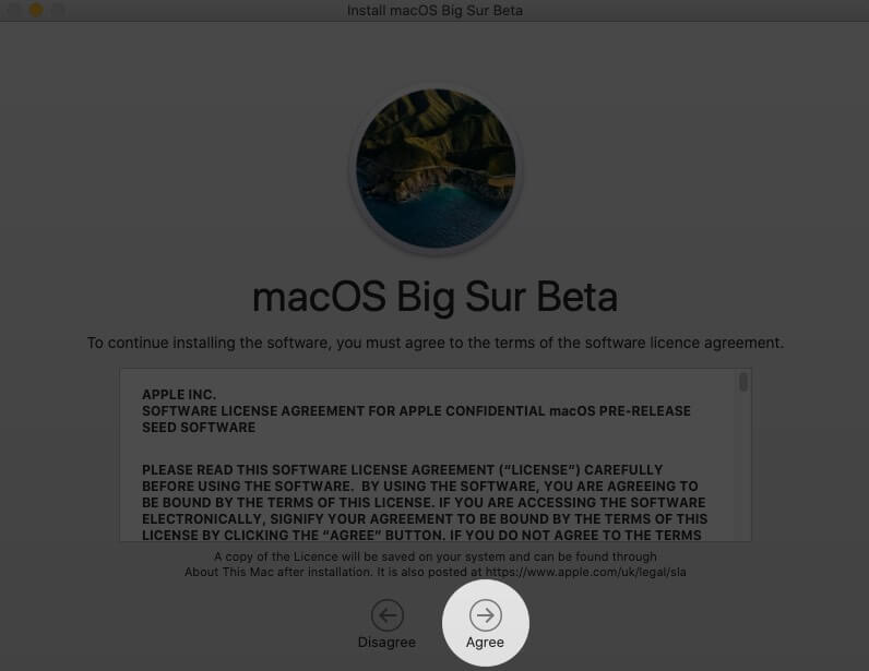 Klicken Sie auf In Macos Big Sur zustimmen Installationsfenster auf dem Mac