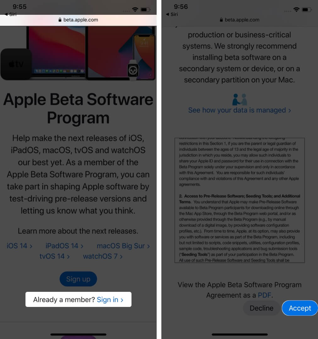 Anmelden bei Apple Account in beta.apple.com und Tippen Sie auf Akzeptieren in Safari auf dem iPhone.