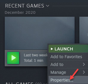 Steam Games Library Problemspiel Rechtsklick-Eigenschaften