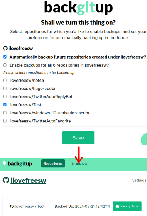 backgitup Repository zum Sichern auswählen