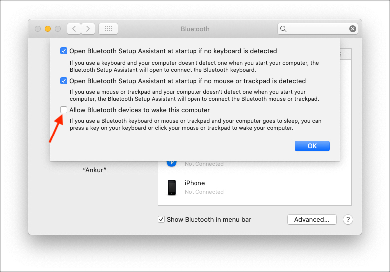 Uncheck Allow Bluetooth devices to wake this computer