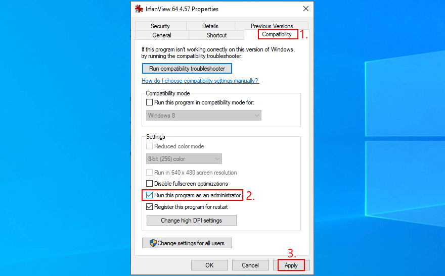 Windows 10 zeigt, wie Kompatibilitätseinstellungen für IrfanView konfiguriert werden