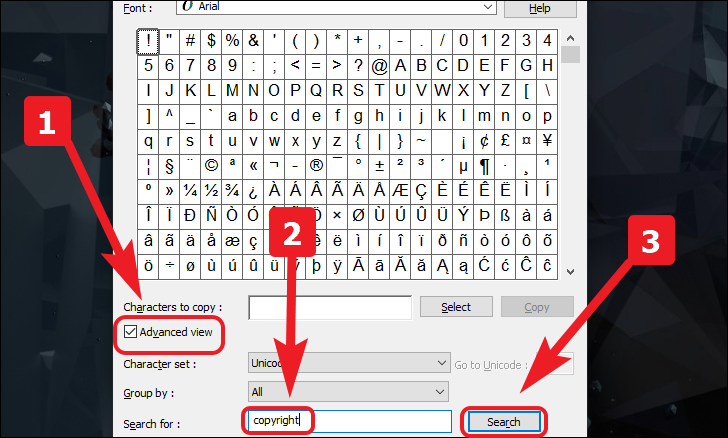 Suche nach Copyright-Symbol in der Zeichentabelle