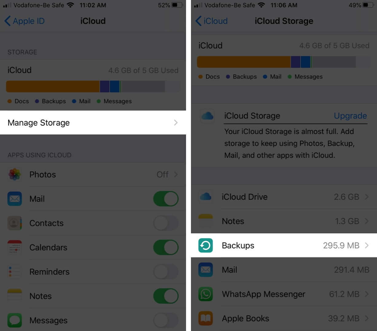 Tippen Sie auf Speicher verwalten und auf Backups in iCloud auf dem iPhone tippen