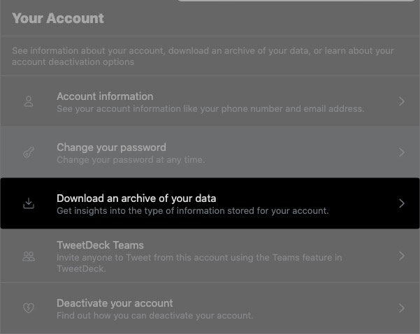 Klicken Sie auf Laden Sie ein Archiv Ihrer Daten von Ihrem Twitter-Account herunter