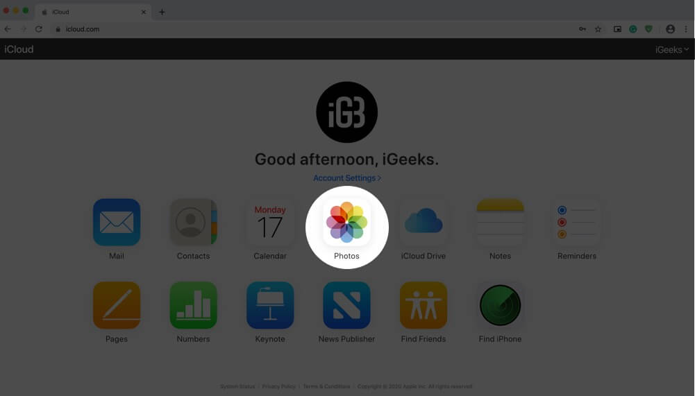 Klicken Sie in iCloud auf Fotos.com auf Mac