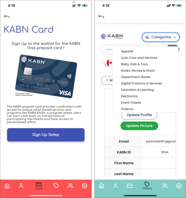 Digital Wallet-Programm und KABN Visa-Karte in der Liquid Avatar iOS-App