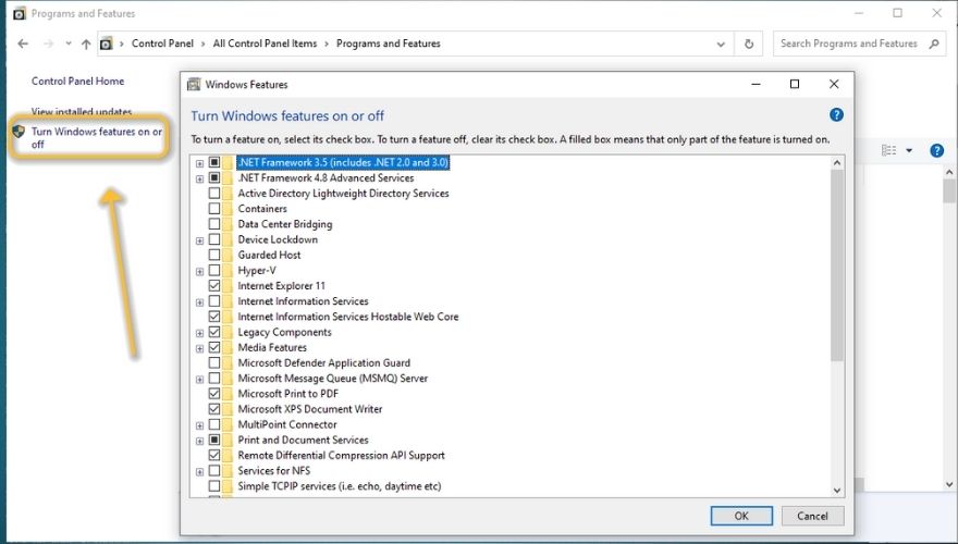 enable or disable Windows Features