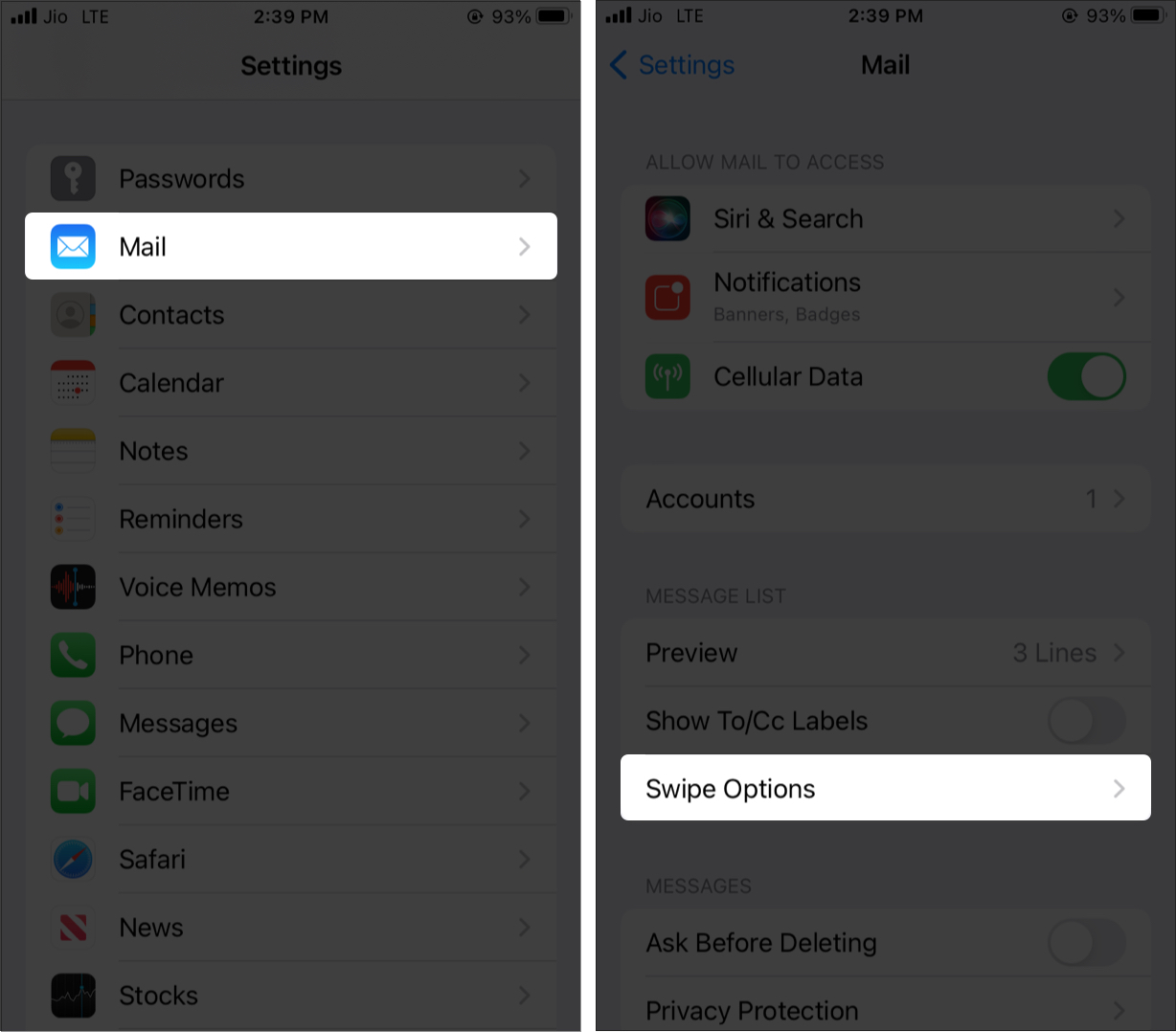 In den iPhone-Einstellungen auf Mail-und Swipe-Optionen tippen