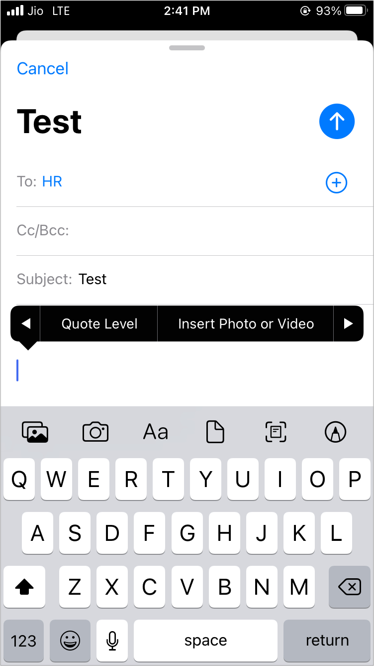 Tippen, um Foto einfügen anzuzeigen oder Videooption in der Mail-App
