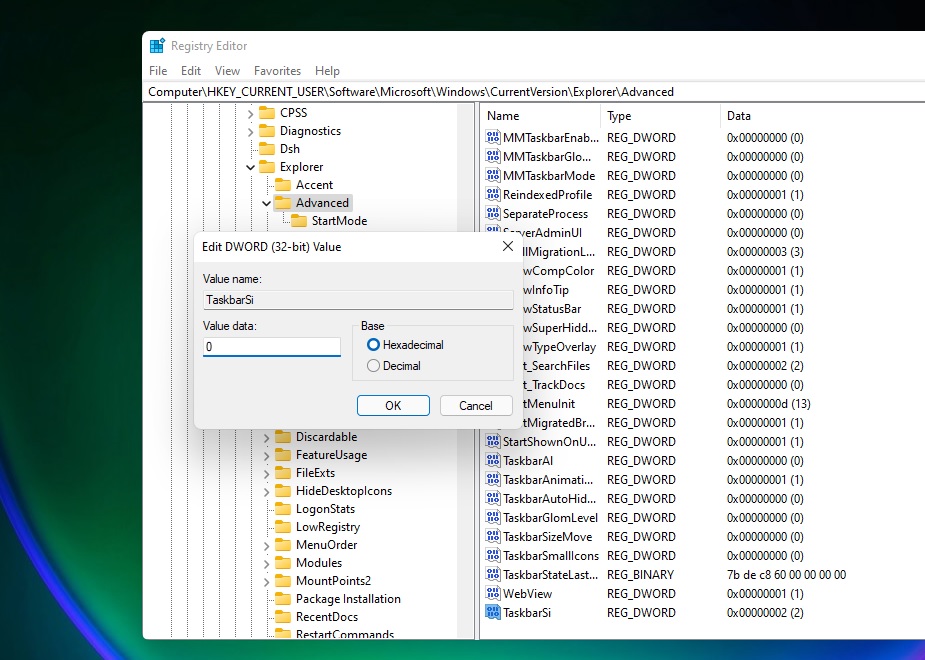 Taskbar Si im Registrierungseditor