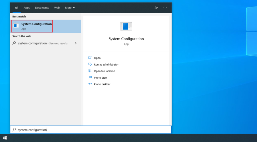 Windows 10 zeigt den Zugriff auf das System Konfigurations-App aus dem Suchmenü