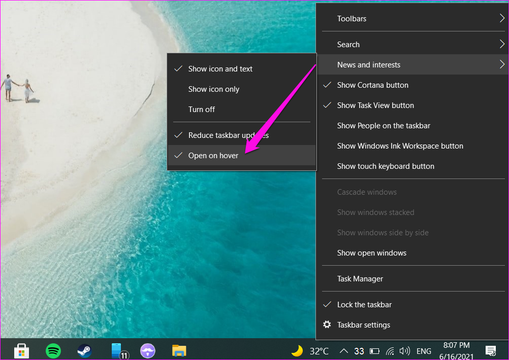 Deaktivieren Sie das Taskleisten-Widget für Nachrichten und Interessen in Windows 10 8 aktivieren