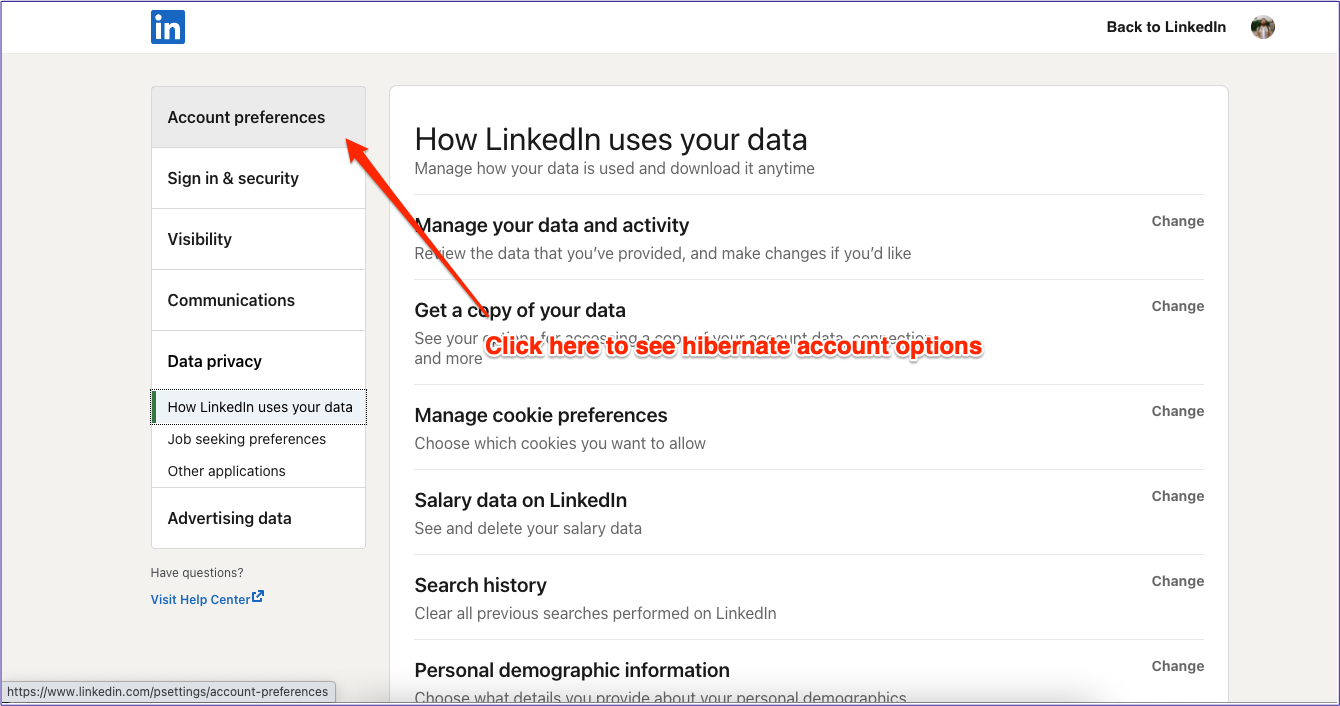 Ruhezustand der Linkedin-Kontoeinstellungen