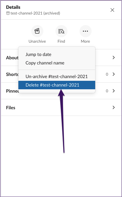 Slack archivierte Details des Testkanals löschen