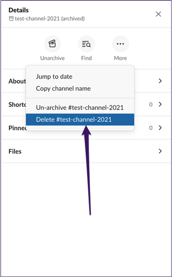 Slack archivierte Details des Testkanals löschen