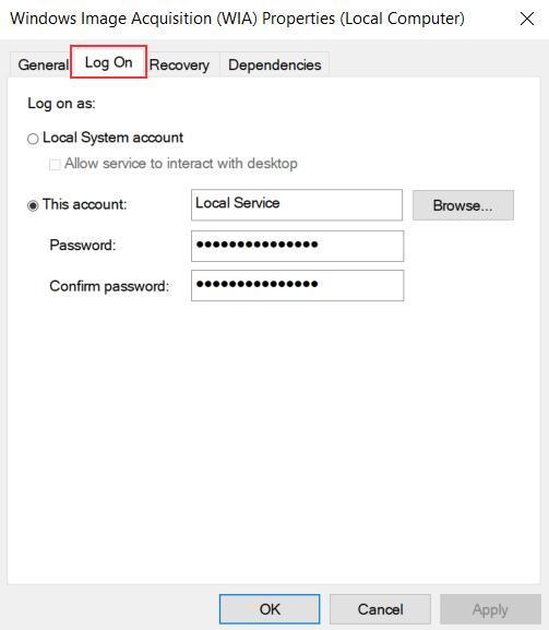 Windows Image Acquisition Log On Tab