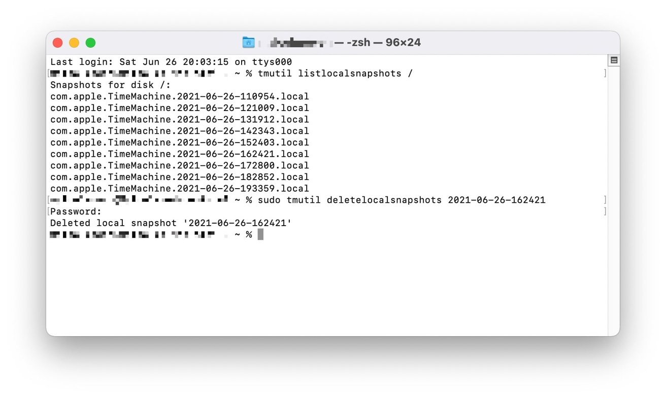 Puede ver una lista de todas las instantáneas locales almacenadas en Terminal, e incluso eliminarlas individualmente.