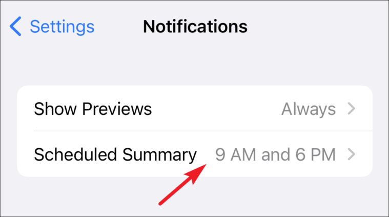 toca el resumen programado para personalizar el resumen de notificaciones en el iPhone