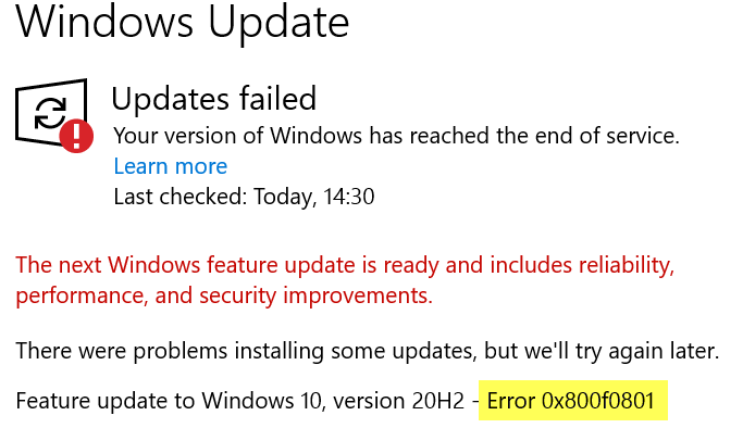 Error de actualización de Windows 10 0x800f0801