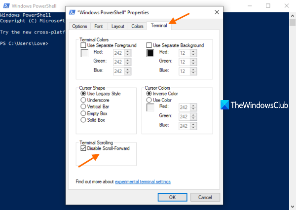 desactivar el scroll hacia adelante windows powershell