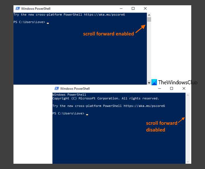 deshabilitar desplazamiento hacia adelante cmd powershell