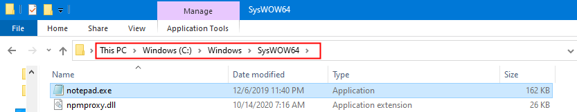 Ubicación del Bloc de notas de Syswow64