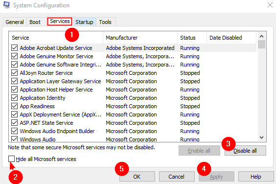 Pestaña de servicios de configuración del sistema Mín.