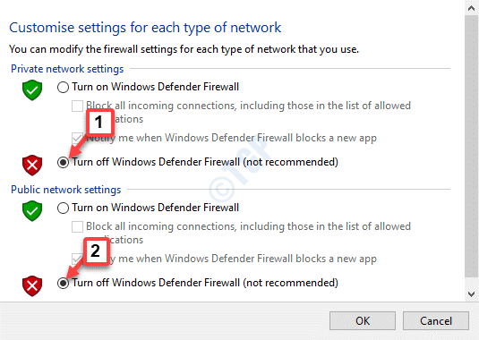 Personalizar configuración Desactivar el Firewall de Windows Defender (no recomendado)