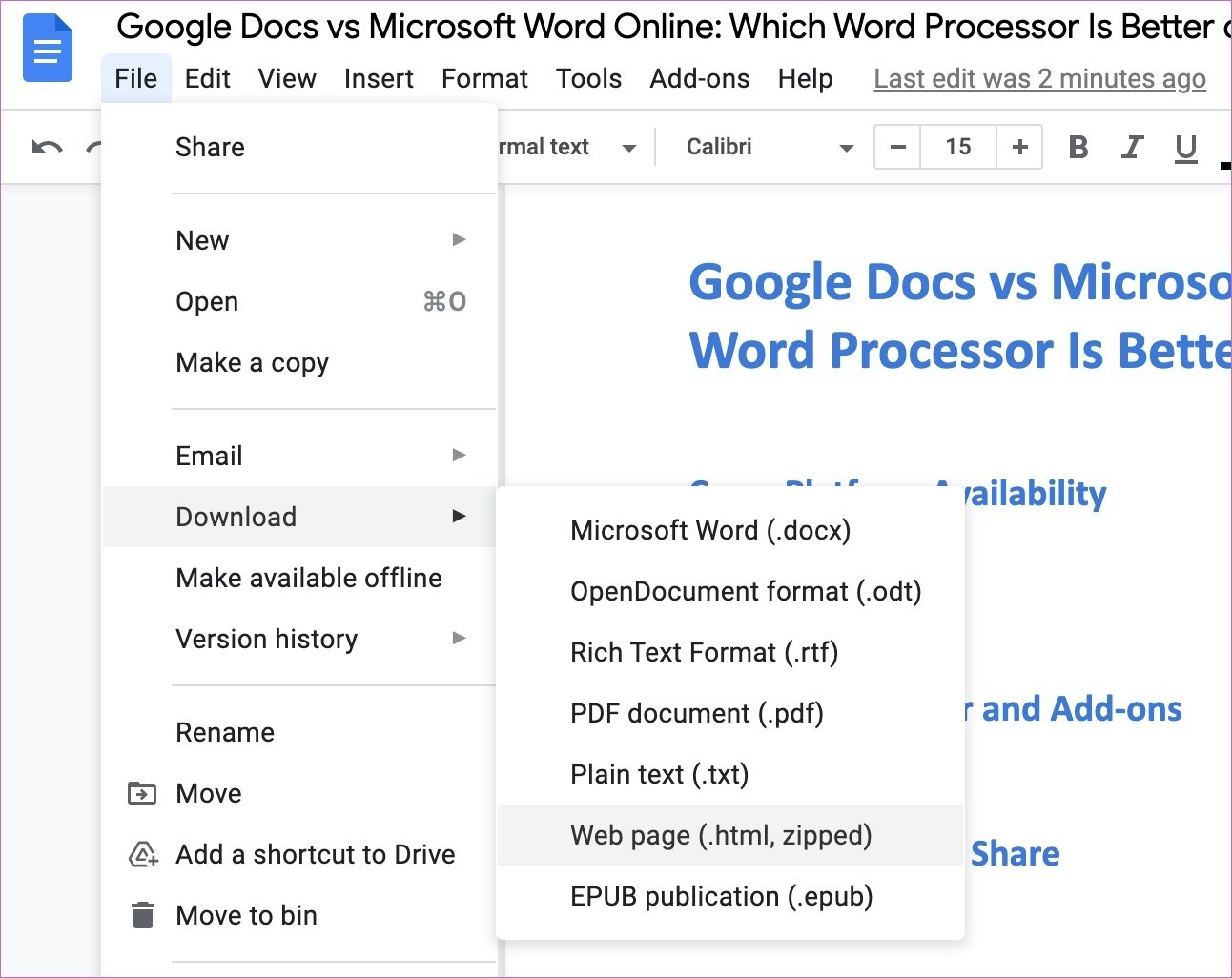 Opciones de exportación de documentos de Google