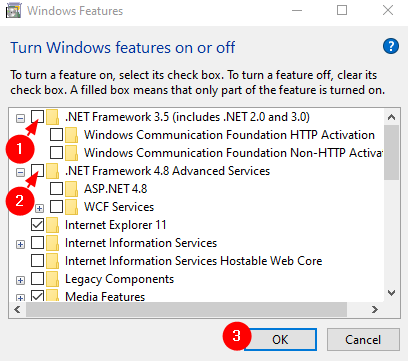 Desmarque las opciones de Dotnet Framework