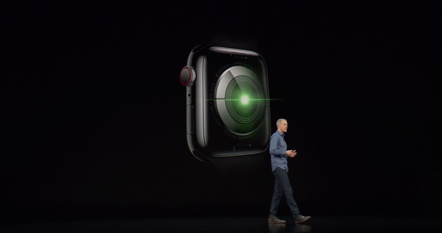 Una diapositiva de un evento de Apple que muestra el cristal trasero del Apple Watch