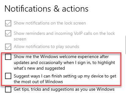 Configuración Notificaciones y acciones del sistema Experiencia de bienvenida de Windows y terminar de configurar mi dispositivo Desmarcar