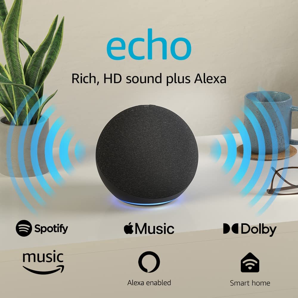 Sound smart. Echo (4th Gen) | with Premium Sound, Smart Home Hub, and Alexa | Charcoal.