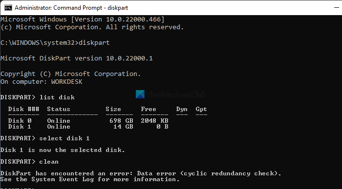 Error De Diskpart Verificación De Redundancia Cíclica De Error De Datos Es Atsit 1266