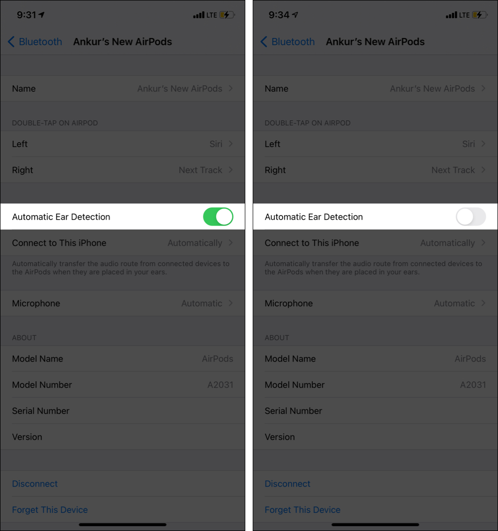 Poista AirPod Automatic Ear Detection käytöstä