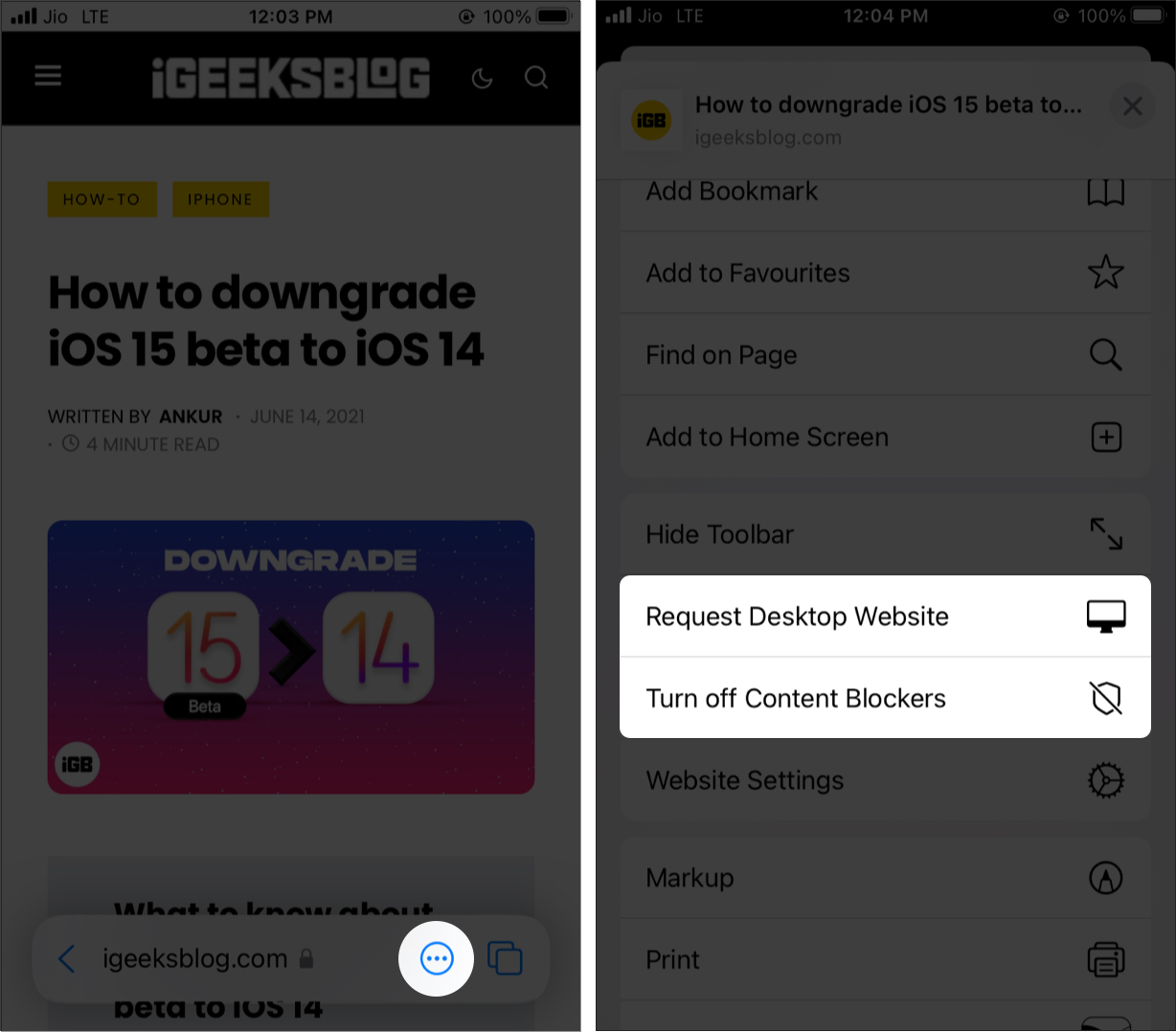 Pyydä työpöydän verkkosivustoa ja poista käytöstä sisällön estäjät-vaihtoehto iOS 15 Safari