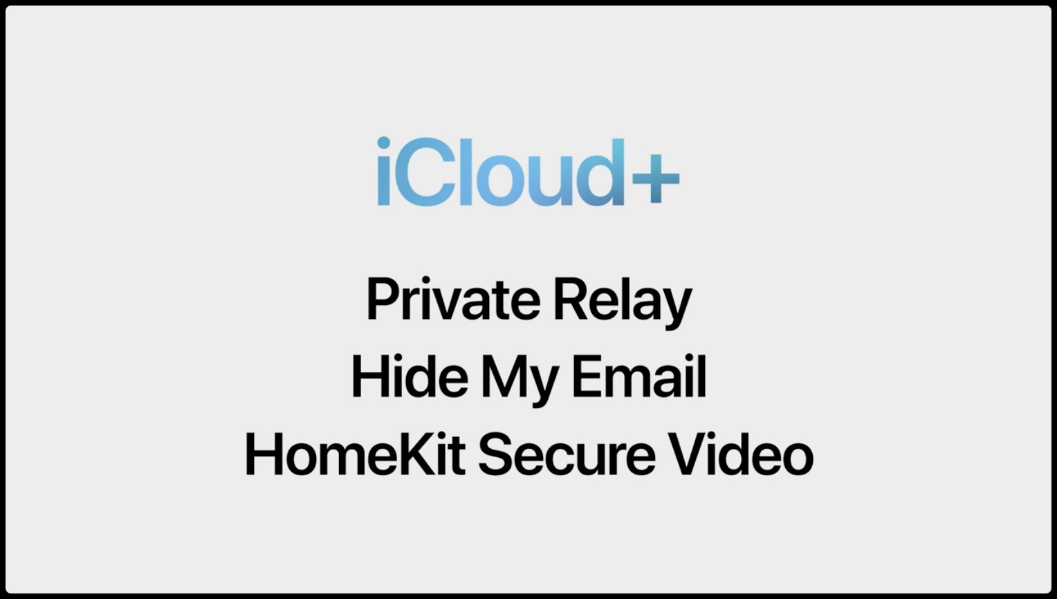 Applen WWDC21-dia, joka mainostaa iCloud +-palvelua, jossa on luettelo ominaisuuksista, kuten iCloud iCloud Private Relay, Piilota Sähköpostini ja suojattu videoni HomeKit