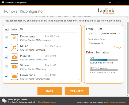 PCmover Reconfigurator Select Folders