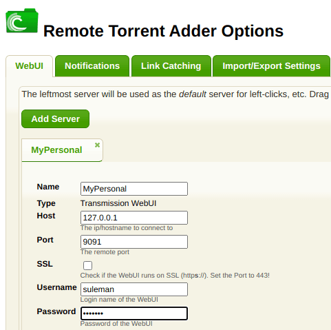 torrent-palvelimen etätunnistetiedot