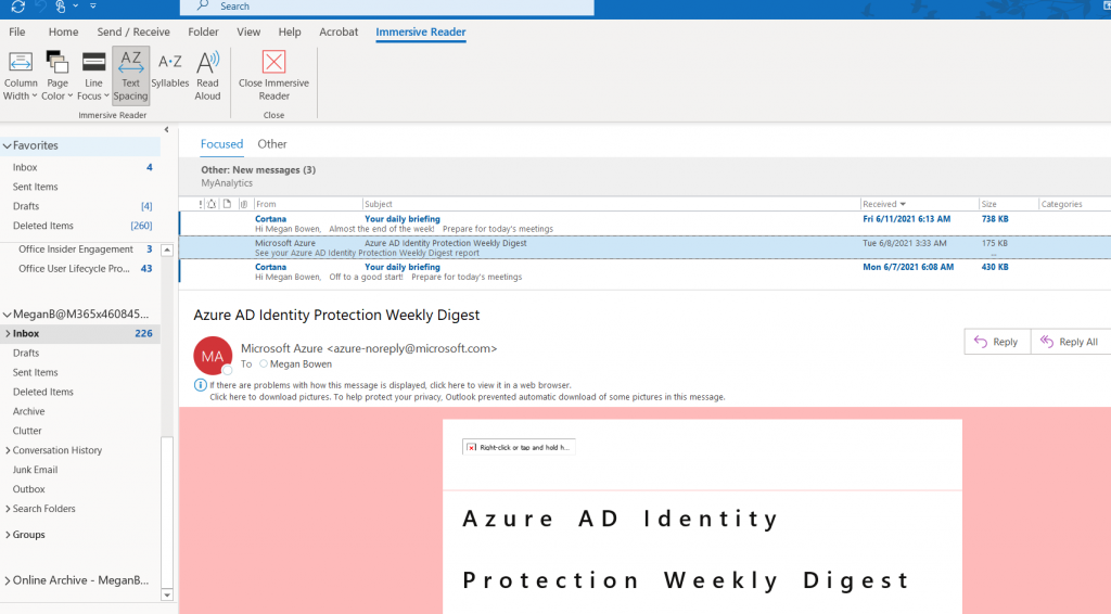 Outlook for Windows-näyttökuva, joka näyttää Immersive Reader-ominaisuuden