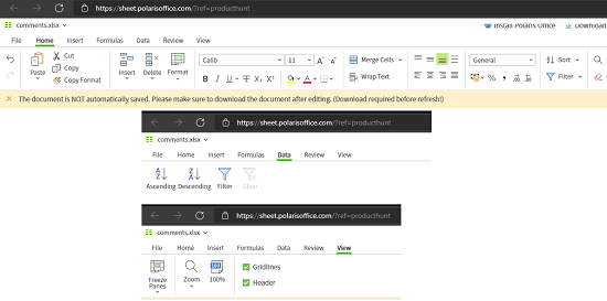 Polaris Office Web Sheets-välilehdet