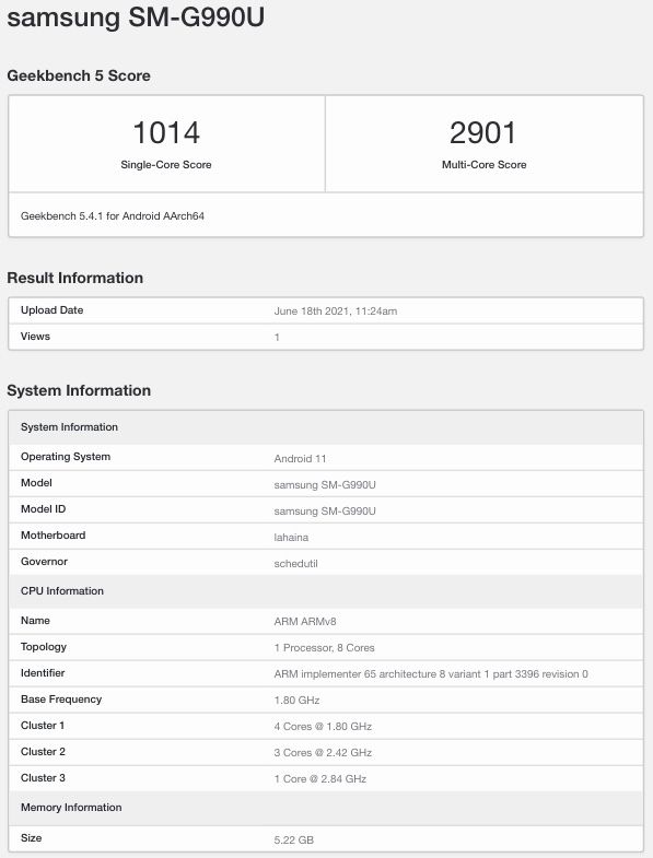 Samsung Galaxy S21 FE US Geekbench SM G990U