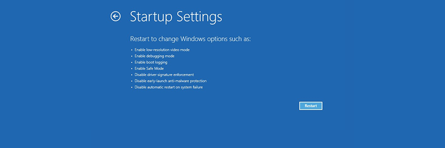 Windows 10 affiche les paramètres de démarrage