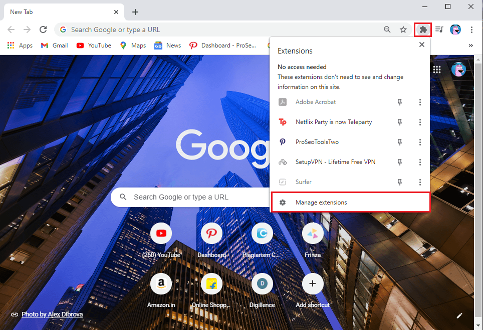 Ouvrez votre navigateur Chrome et cliquez sur l'icône Extension dans le coin supérieur droit de l'écran puis cliquez sur Gérer les extensions.