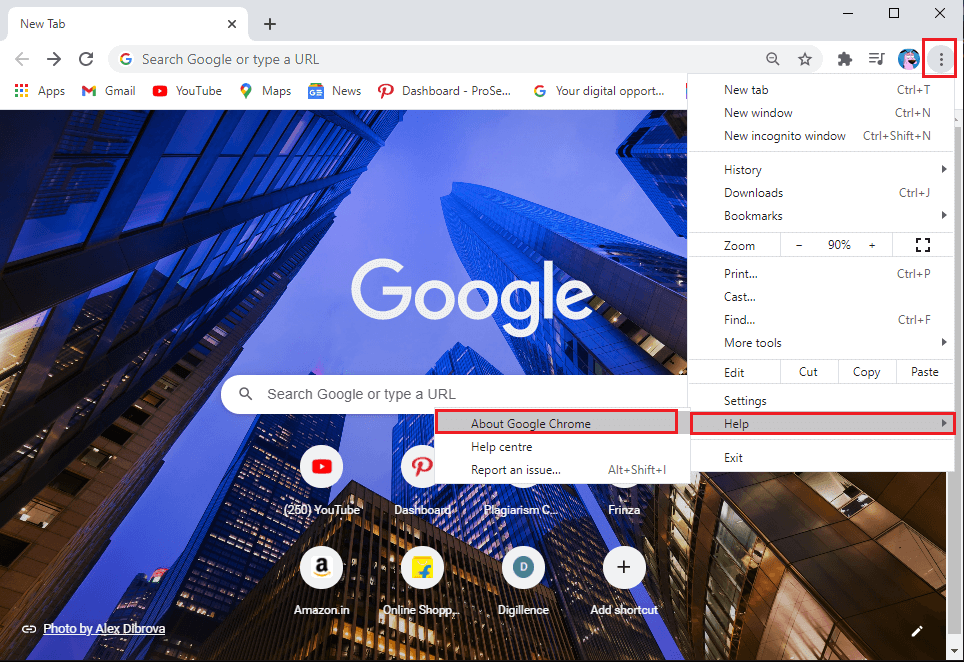 Ouvrez votre navigateur Chrome et cliquez sur les trois points verticaux dans le coin supérieur droit de l'écran, puis accédez à Aide et sélectionnez À propos de Google Chrome.